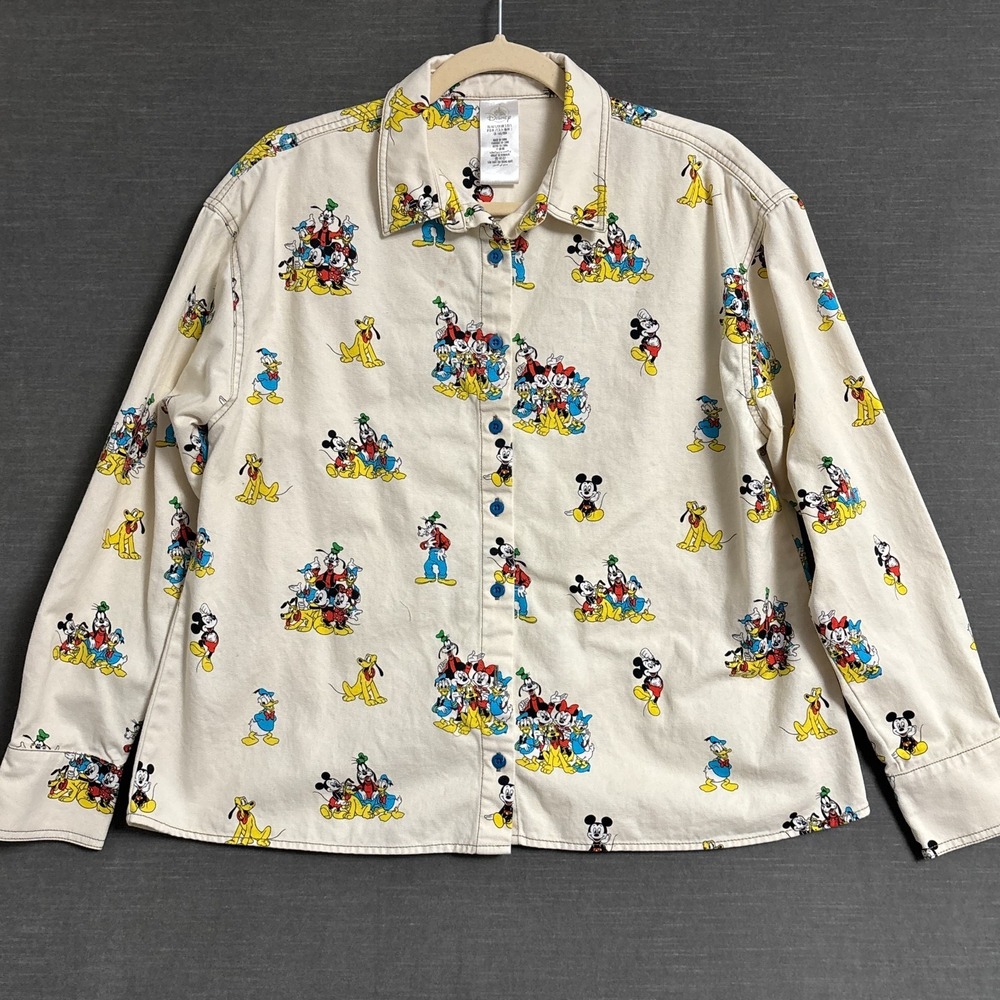Disney Top S Minnie Mickey Pluto Donald Daisy Goofy Retro Button Up Long Sleeve